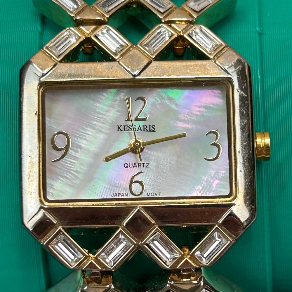 Kessaris‎ Womens Gold Tone Mother of Pearl Dial Crystal Baguette Watch JC611F